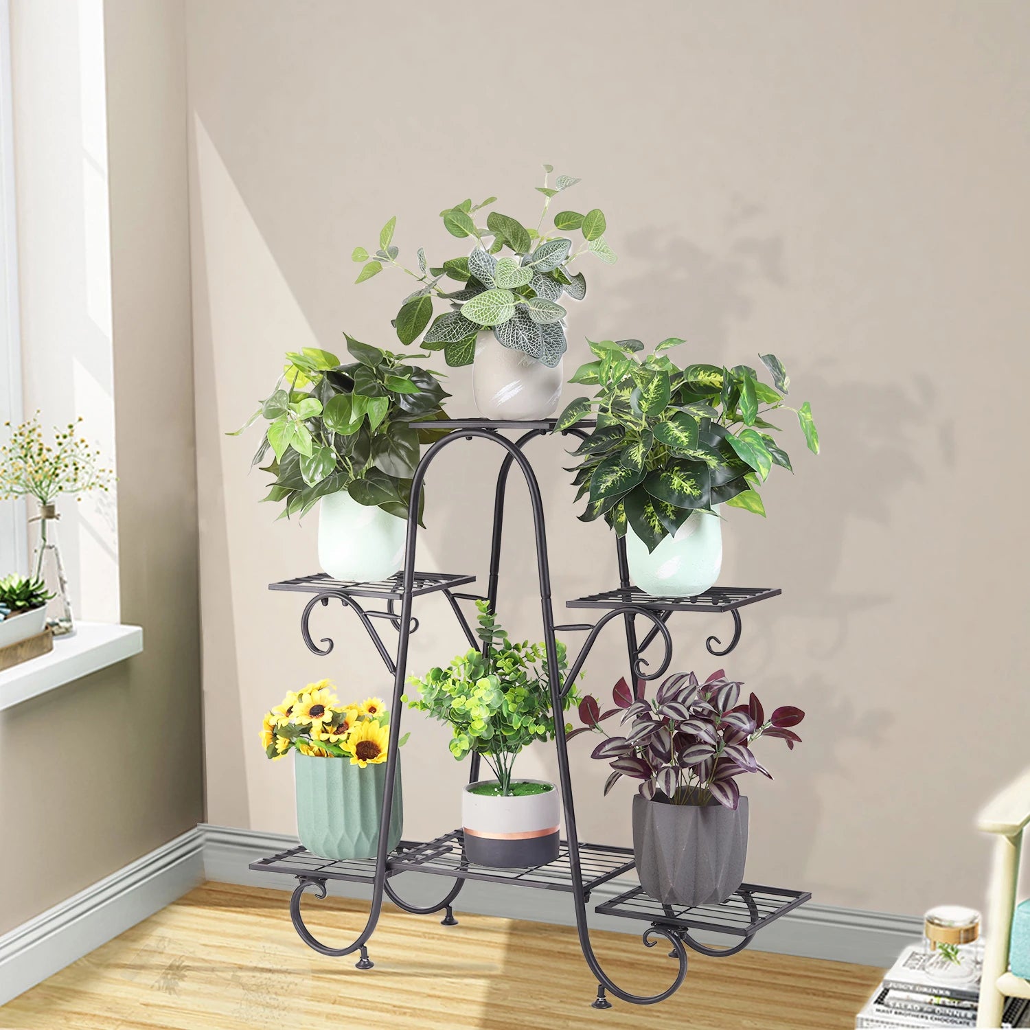 6 Tiers Plant Stand for Black Metal Flower Pot Shelf
