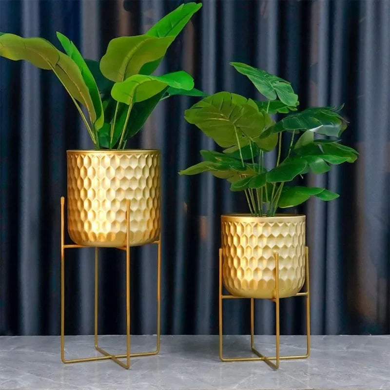 Set of 2 Planters with Stand Indoor Outdoor Metal Plant Stand