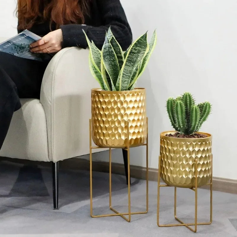 Set of 2 Planters with Stand Indoor Outdoor Metal Plant Stand