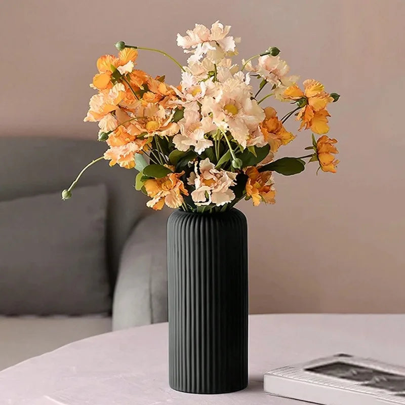 1Pc Chic Striped Ceramic-Look Plastic Vase