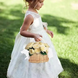 One Wicker Rattan Flower Child Basket With Pearl Handle And Bow