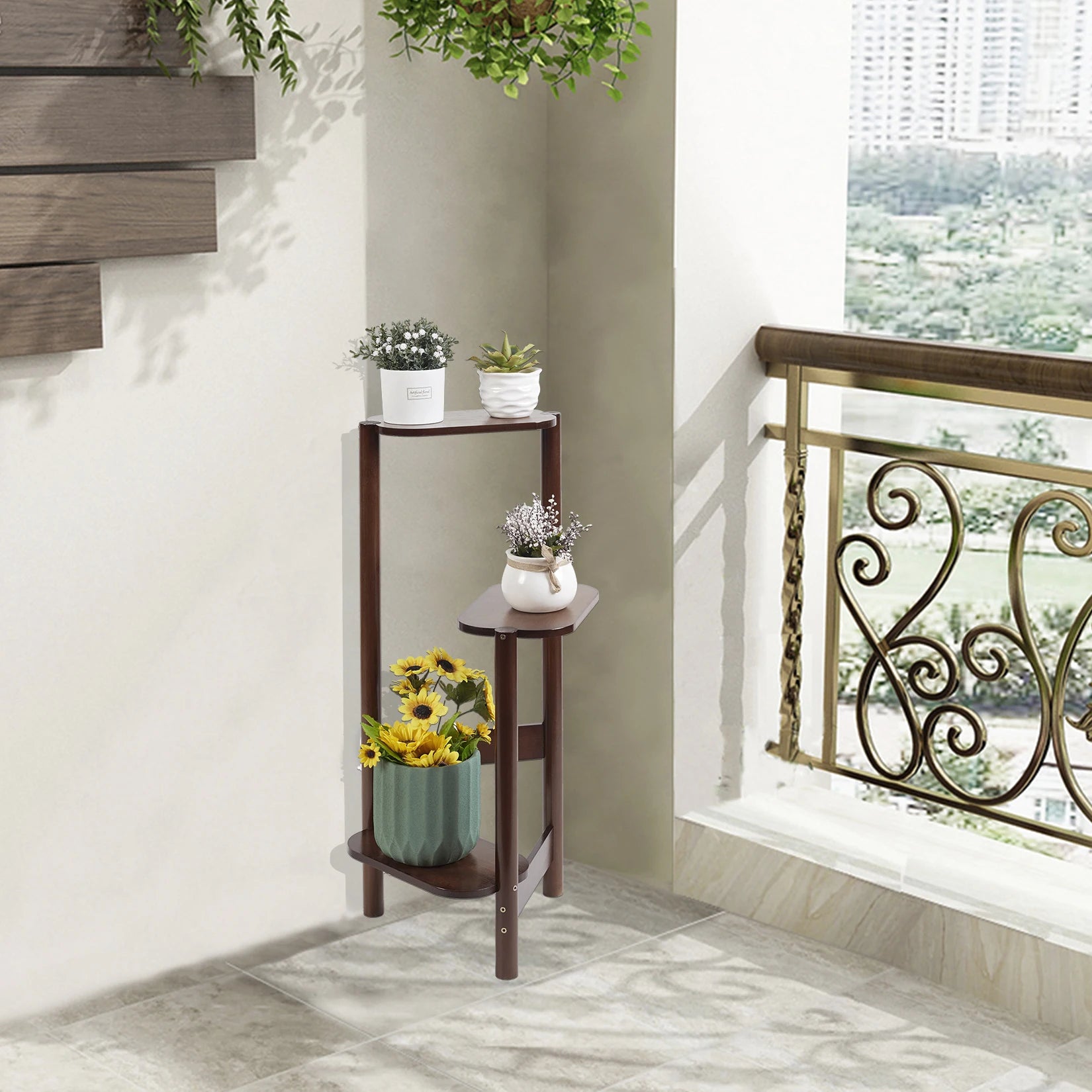 3 Tier Bamboo Tall Corner Plant Rack Planter Stand