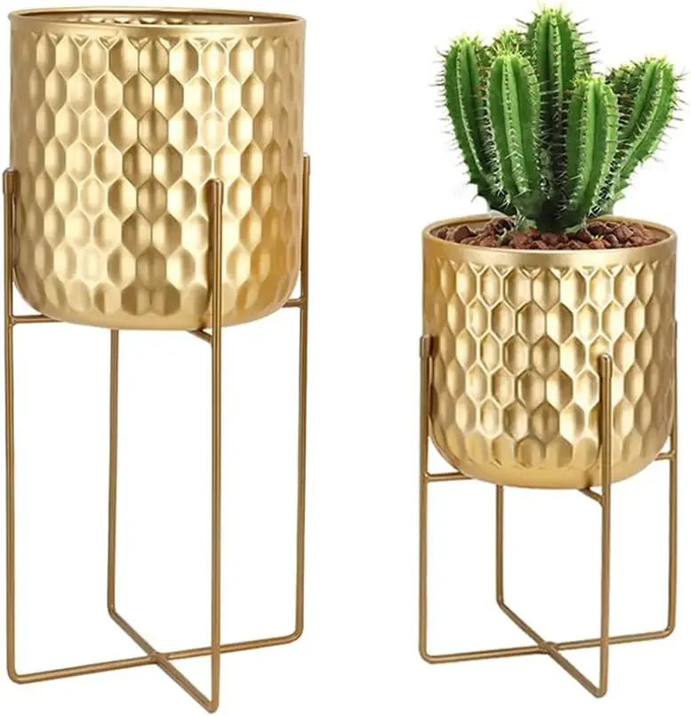 Set of 2 Planters with Stand Indoor Outdoor Metal Plant Stand