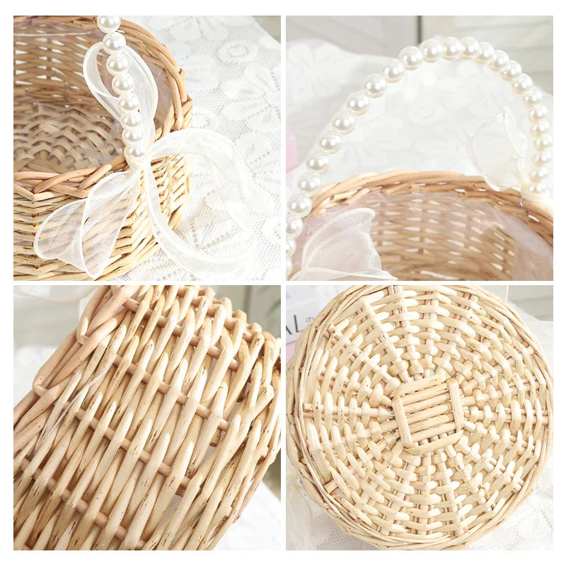 One Wicker Rattan Flower Child Basket With Pearl Handle And Bow