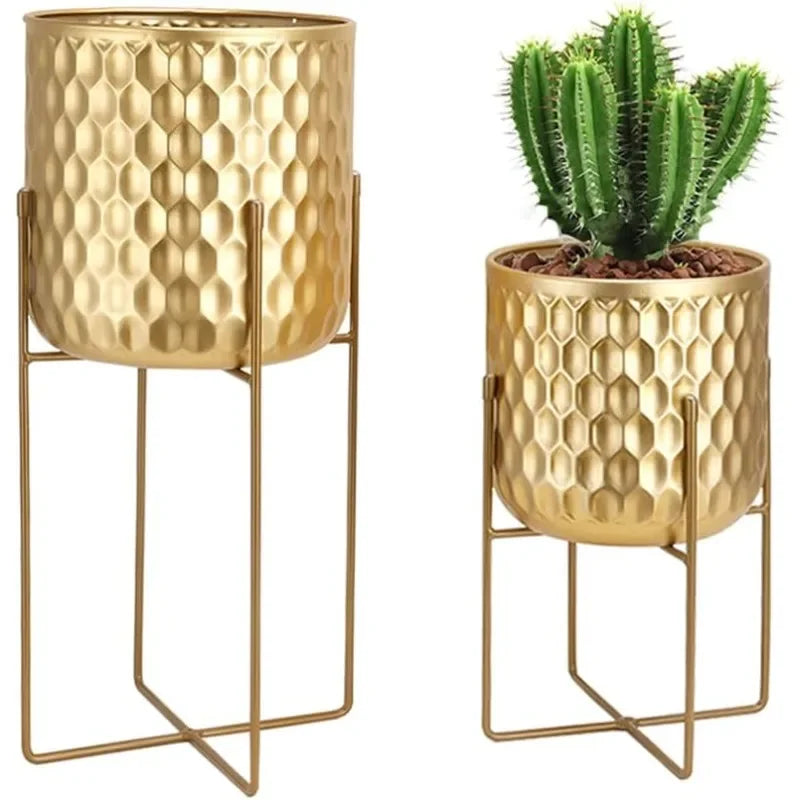 Set of 2 Planters with Stand Indoor Outdoor Metal Plant Stand
