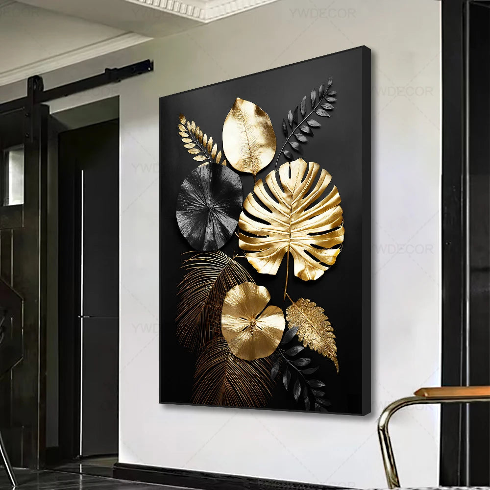 Luxury Black Golden Plant Leaf Canvas Poster