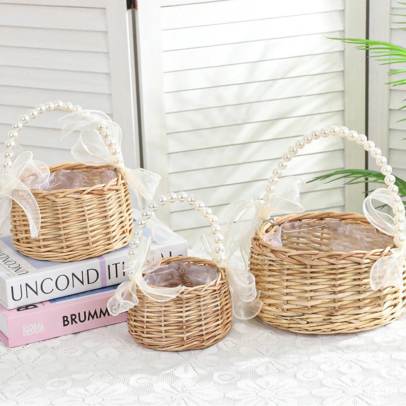 One Wicker Rattan Flower Child Basket With Pearl Handle And Bow